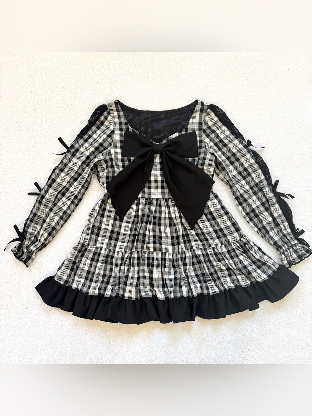 Jirai Kei Ryosan Lolita Bow Lace Tops Japan Idol Black Dress Plaid Long Sleeves
